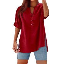 Lixiuxyad Summer Shirts Women's V Neck Button Down Shirt Casual Summer Tops With Side Slit