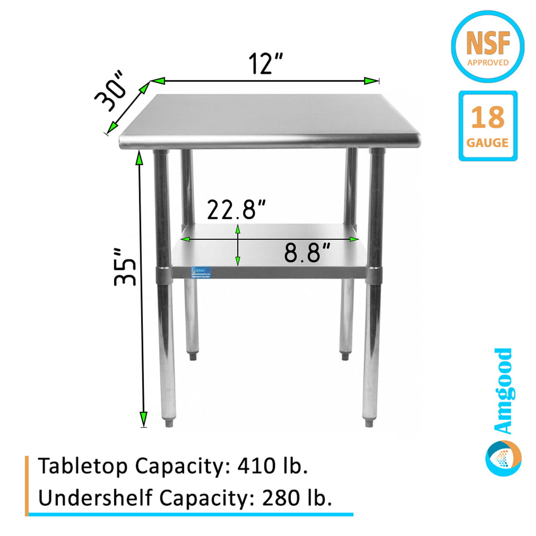 Stainless Steel Work Table, 12 Long x 30 Deep AmGood Stainless Steel Work Table Metal Utility Table 