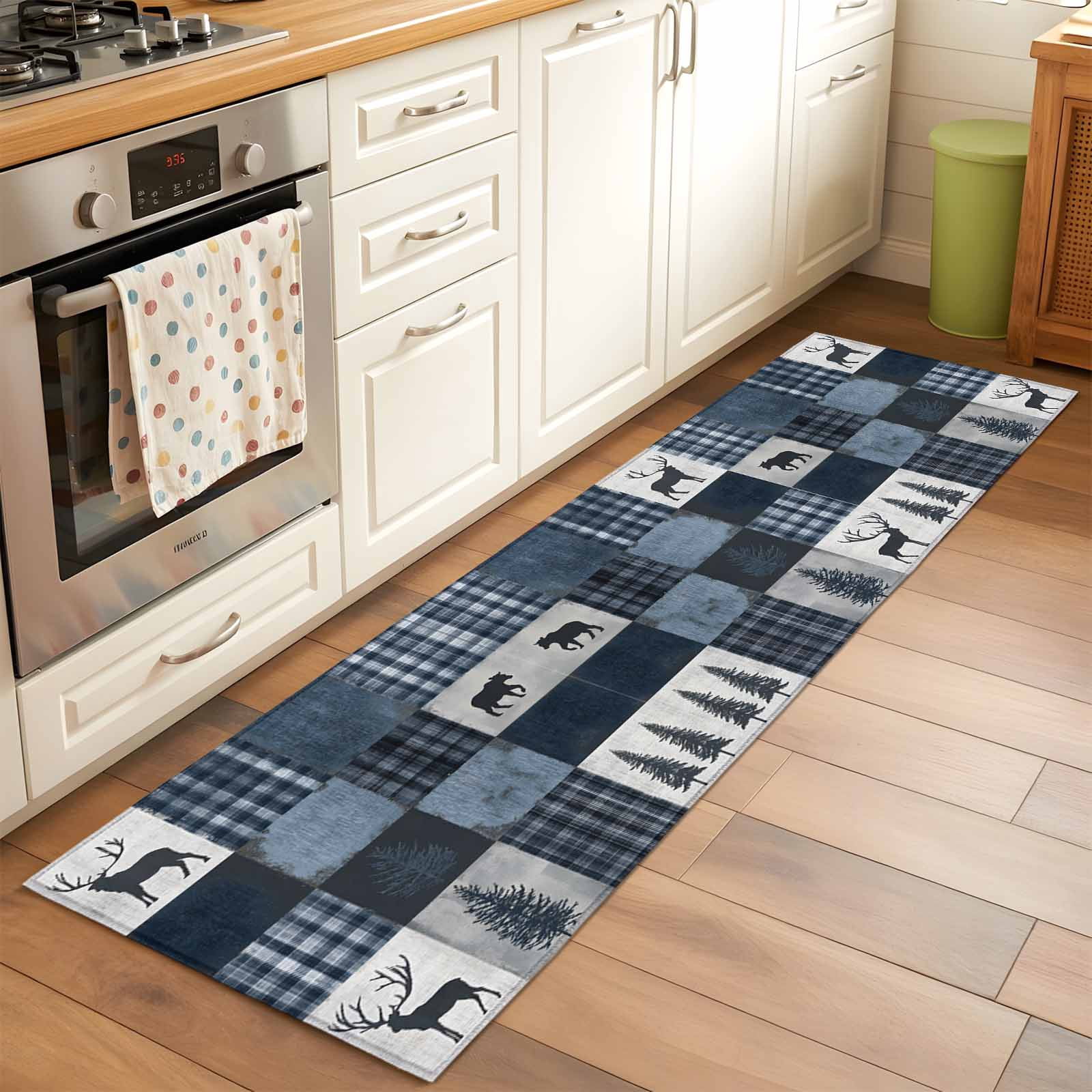 Navy Blue Plaid Runner Rug 2x6 FT, Non Slip Hallway Rugs, Vintage Farmhouse Animals Tree Washable Soft Floor Carpet Non-Shedding Throw Runner Carpet Long Rug for Entryway Kitchen Bedside Sliding Door