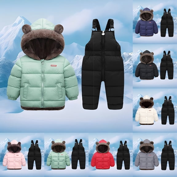 Aihuaihua Kids 2 Piece Snowsuit Set Girl Winter Hooded Puffer Jacket & Snow Bib Pants Boy Ski Suits Bear Ear Outwear Outfit
