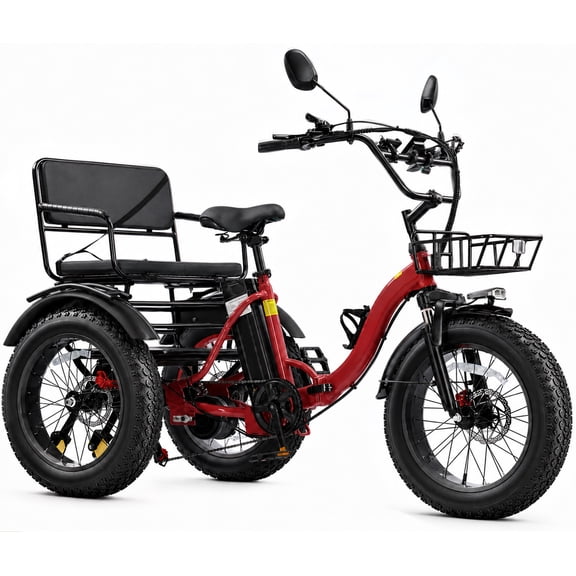 YEBEI Two Seater Electric Tricycle for Adults Folding ETrike with Passenger Seat 48V20AH Battery Peak 750W Motor Pre Assembled 85% 3 Wheels Electric Bike with Two Baskets Red UL2849
