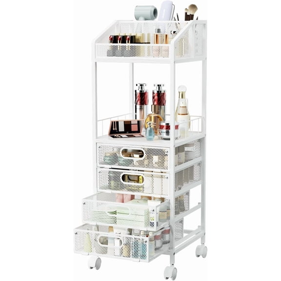 Makeup Organizer Storage Cart - Floor Skincare Make Up Storage with 4 Drawers, Rolling Makeup Cart Vanity Organizer Cosmetics Display Cases Holder for Skin Care Perfume Nail Polish
