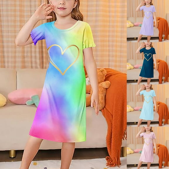 Einccm Girls Nightgowns Pajamas Sleepwear Princess Cute Heart Print Nightdress, Soft A-Line Mid Calf Nightie with Flutter Sleeve Short Sleeve, for Girls 3-12 Years