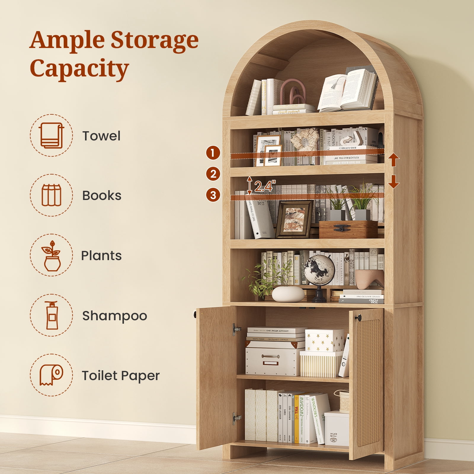 81" Tall Arched Cabinets,Bookcase with storage,Mid-Century Modern 6-Tier Bookshelf with Door,2 Book Risers and Adjustable Shelves offering more storage space for Living Room,Kitchen,Home Office,Oak