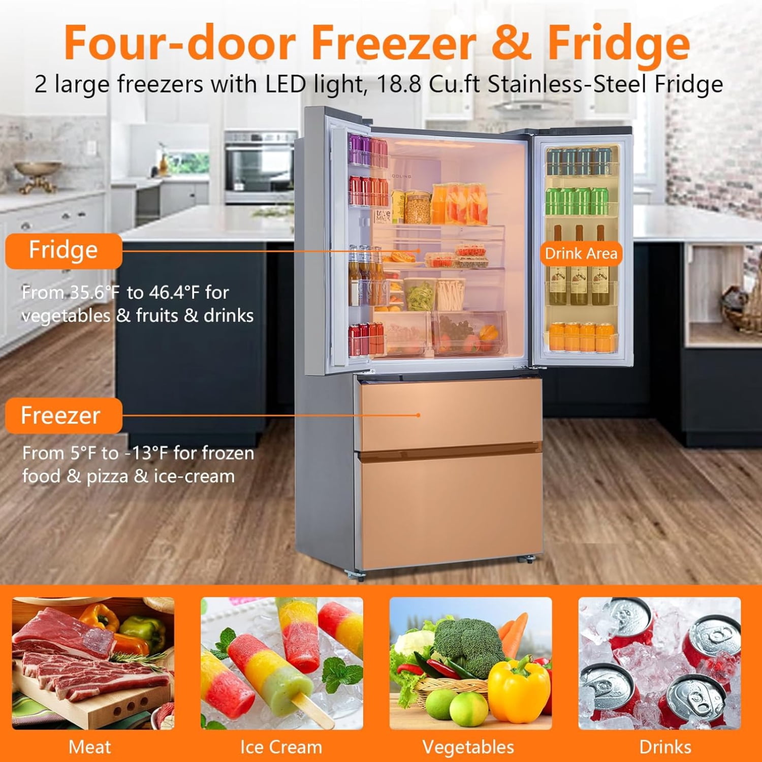 Garvee French Door Refrigerator 18.9 Cu.ft,Large Capacity Stainless Steel Fridge with Freezer,2 Doors & 2 Drawers,Automatic Defrost,LED Display,Silver