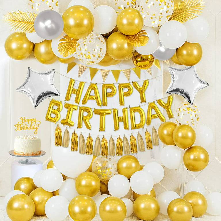 Gold Birthday Decorations - Gold Party Decorations Set with Birthday  Banner, Gold White Confetti Balloons, Gold Foil Fringe Curtains, Gold  Tablecloth
