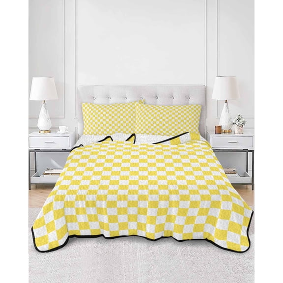Quilts Full Size, Yellow White Plaid Soft Comforter Bedding Set for Bed, Modern Retro Geometric Checkered Lightweight Quilted Bedspread with Pillow Cover(2 Pieces) for All Season, 78x90 Inch