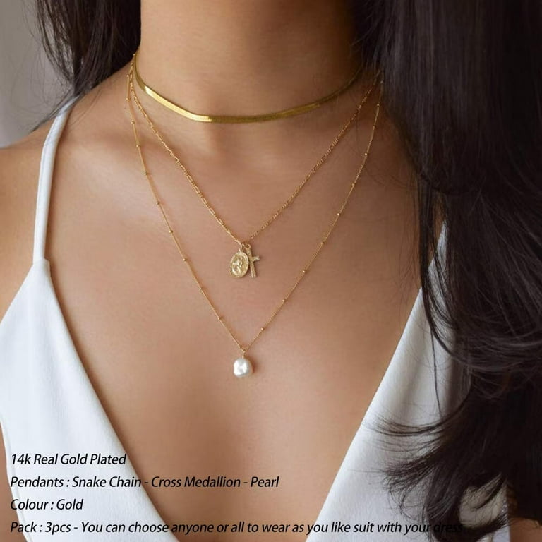 IEFSHINY Layered Necklaces for Women 14K Gold Plated Simple Pearl Necklace Layering  Necklaces for Women 