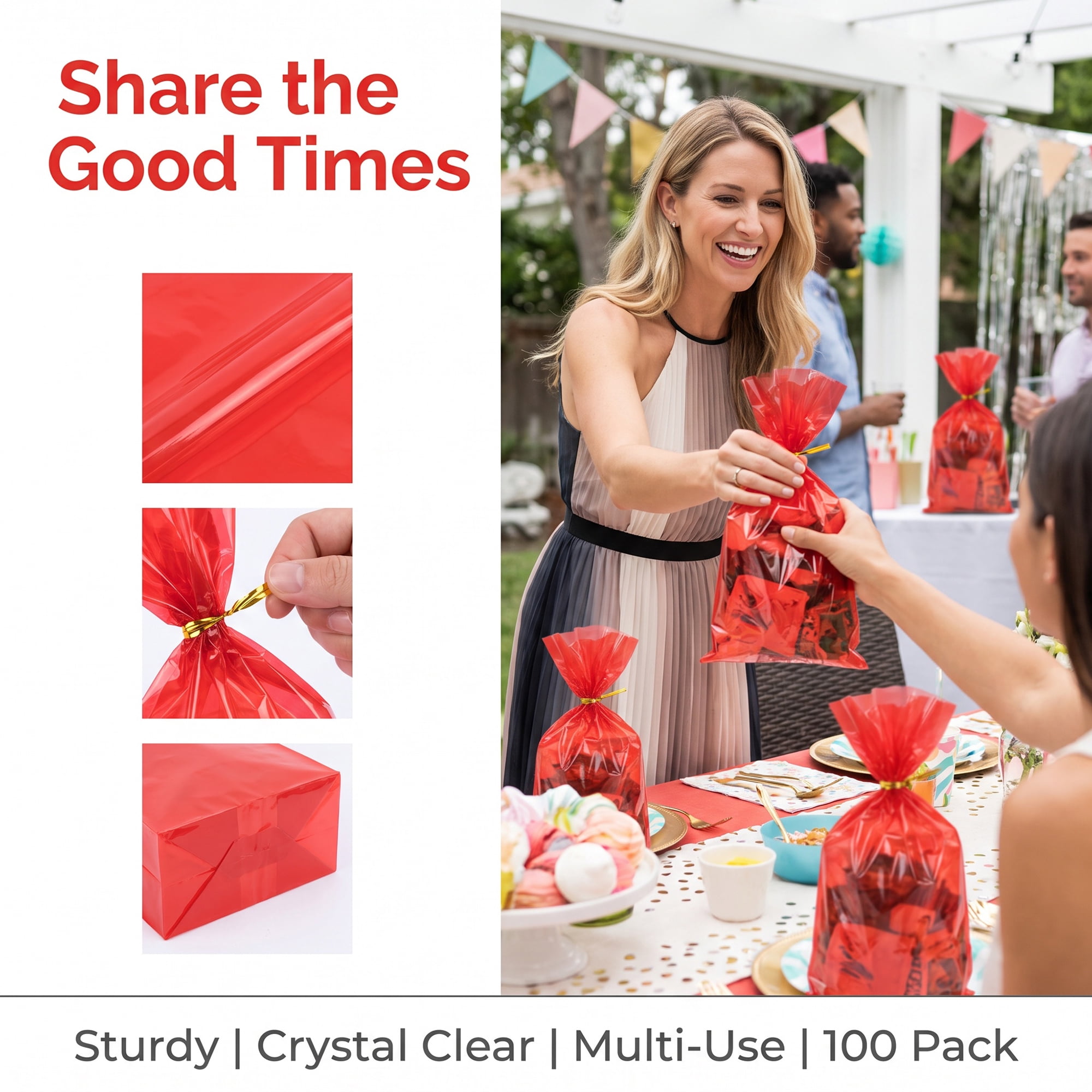 Unique Bargains 100Pcs Printed Pattern Thick Clear Wrapping Bag Red 5.9" x 9.1"