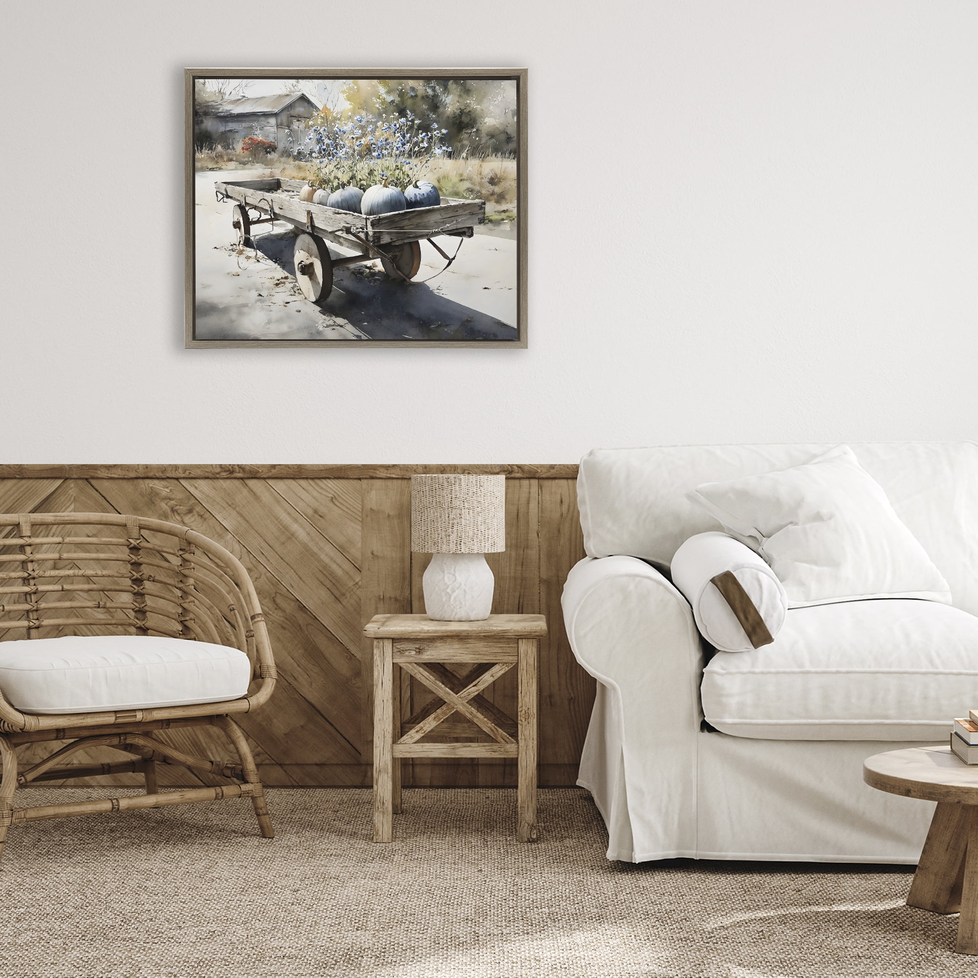 Stupell Industries Blue Pumpkin Wagon in Sunlight Brown Framed Floater Canvas Wall Art, design by Franklyn Gregory