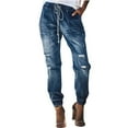 thumbnail image 1 of Pantalones de bolsillo rasgados para mujer Pantalones casuales con cordón lavado en la cintura elástica con cordón de mezclilla Fridja  hfkajh99248, 1 of 7