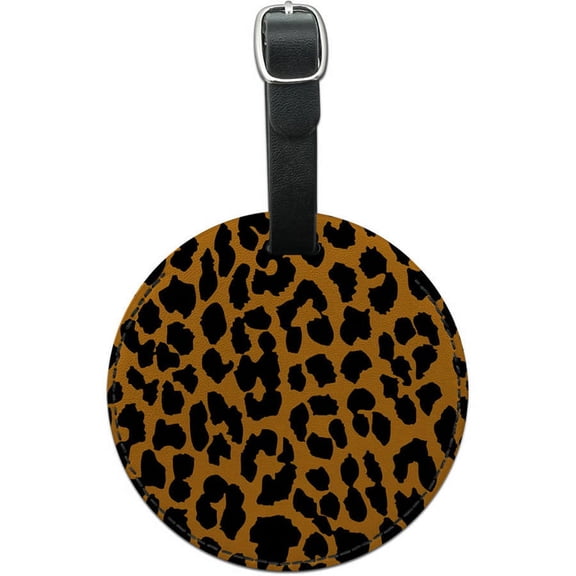 Leopard Print Orange and Black Round Leather Luggage ID Tag Suitcase Carry-On