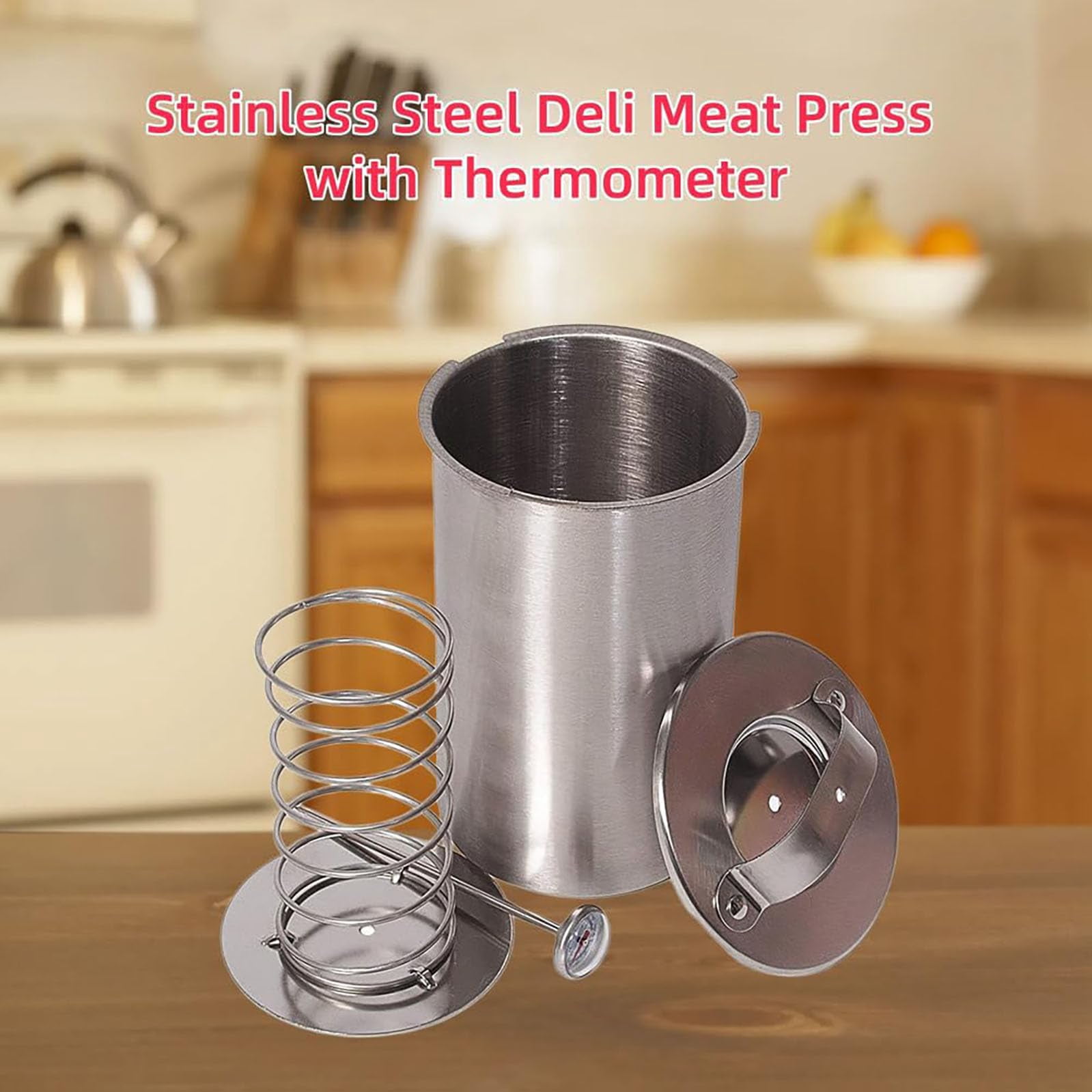 Stainless Steel Deli Meat Press with Thermometer & Spring Mechanism,Meat Press Mold for Deli,Presss for Healthy Home Cooking.
