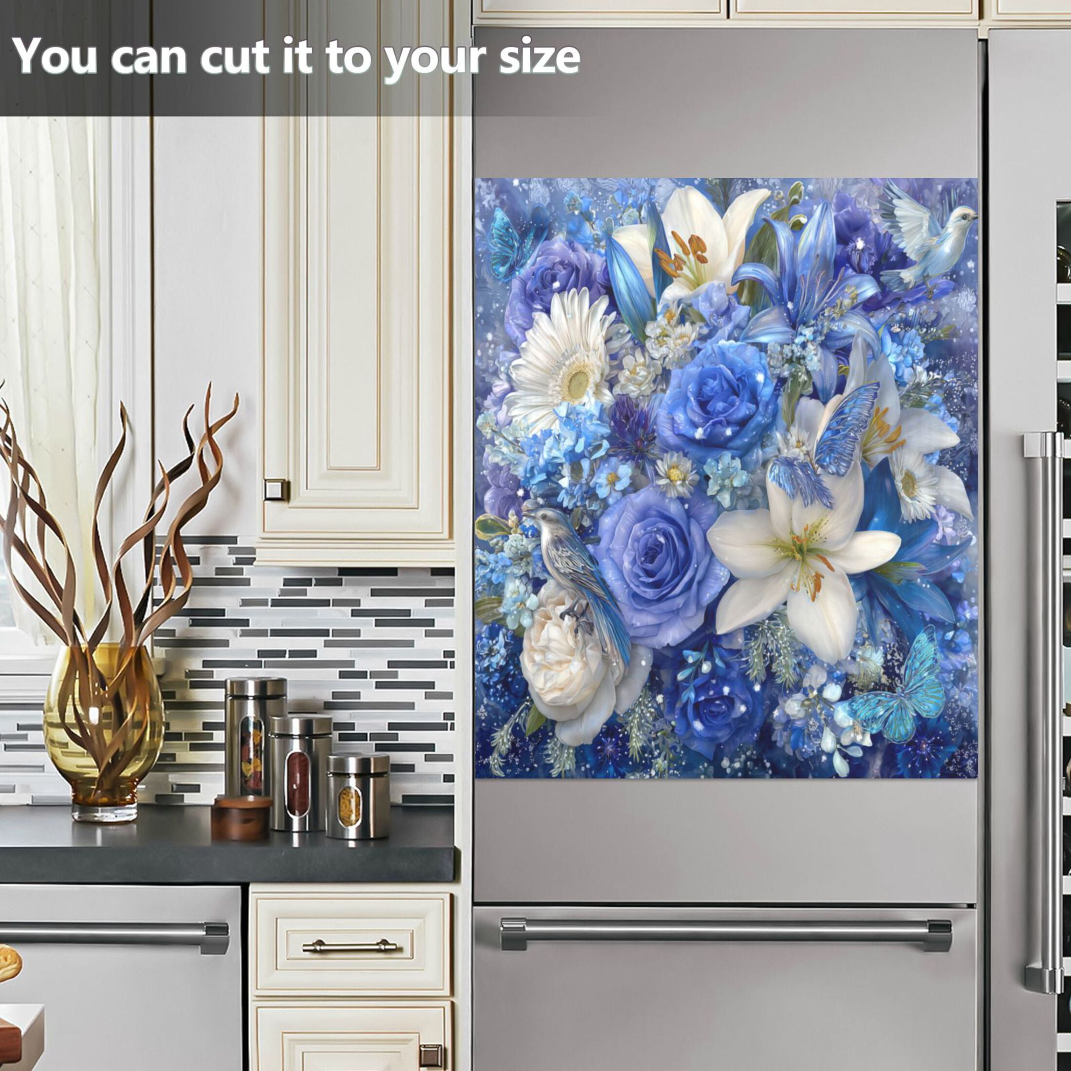 Dishwasher Magnetic Refrigerator Magnet Cover Sticker Home Decorative 23"x26" Blue and White Crystal Roses
