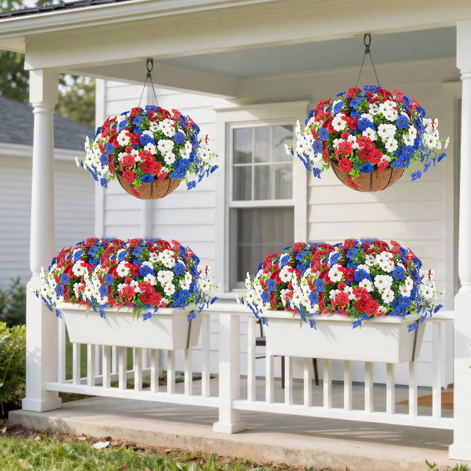 2 Sets Patriotic Artificial Hanging Flowers with Baskets, Red White Blue 4th of July Artificial Flowers, Outdoor Hanging Planter Decor for Front Porch, Patio, Garden Summer Holiday Decoration