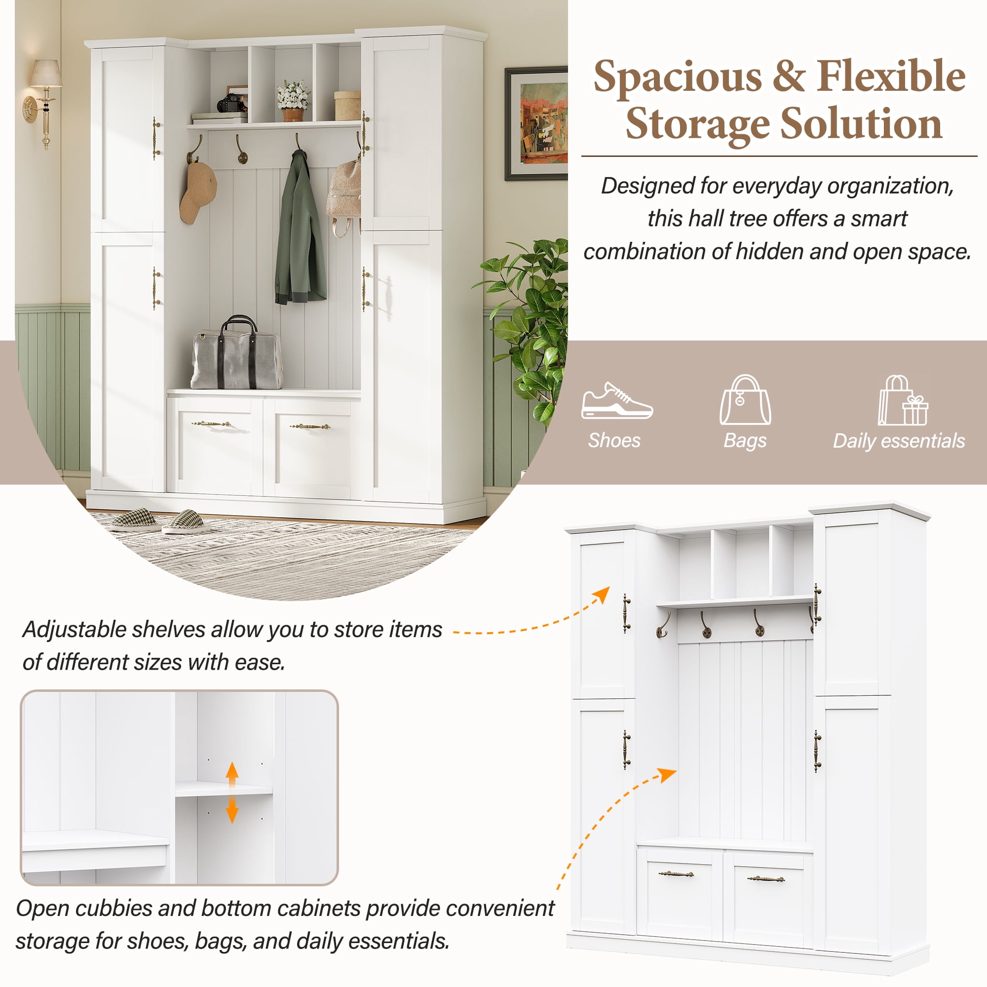 Homy Casa 60" Farmhouse Hall Tree with Built-in Bench, Coat Rack, 5 Hooks & Cabinets, White