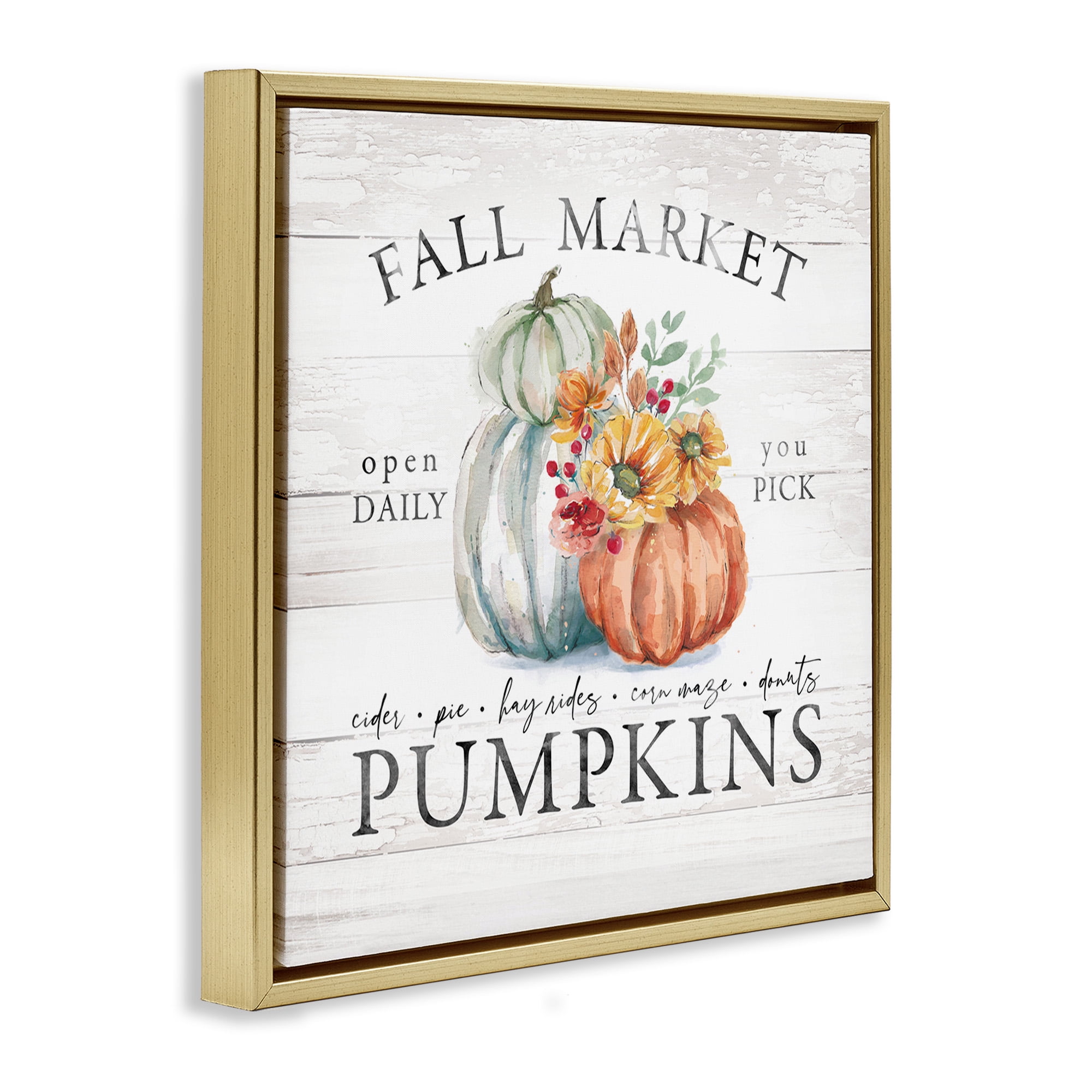 Stupell Industries Fall Country Market Pumpkins Botanical & Floral Painting Gold Floater Framed Canvas Art Print Wall Art, 18 x 18
