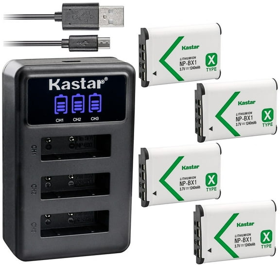 Kastar 4 Pack NP-BX1 Battery and LCD Triple USB Charger Compatible with Sony HDR-PJ240E, HDR-PJ270, HDR-PJ270E, HDR-PJ405, HDR-PJ410, HDR-PJ440, ZV-1 Vlogging Camera, ZV-1F Vlogging Camera