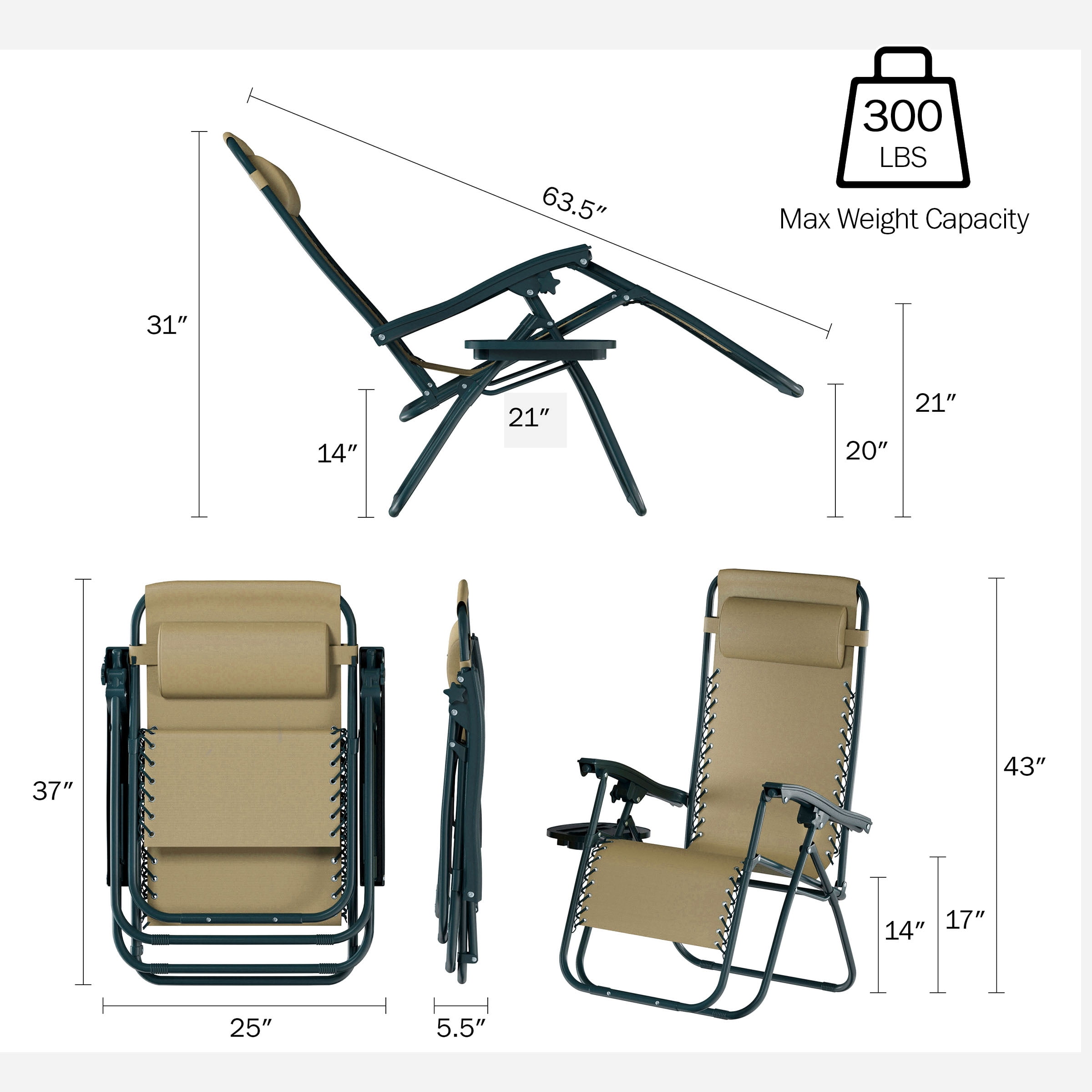 Lavish Home Zero Gravity Lounge Chairs, Set of 2 Folding Recliners with Side Table, Cup Holder & Pillow, Beige