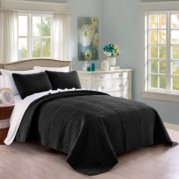 Quilt Set Full/Queen Size Black - Oversized Bedspread - Soft Microfiber ...