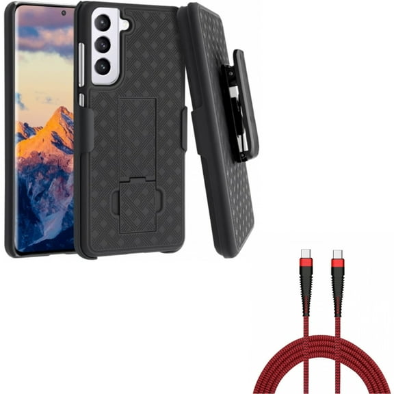 10ft PD Cable w Case Belt Clip for Samsung Galaxy S21 FE 5G - Type-C to USB-C Charger Cord Power, Holster Swivel Cover