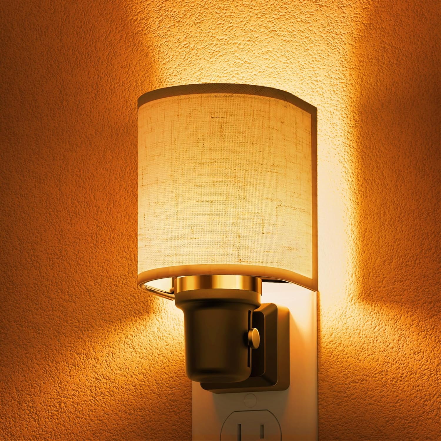 RGHJAR-Amber Night Lights Plug into Wall, Plug in Night Light Dimmable, Farmhouse Decorative Nightlights Plug in Wall, Light Sensor, Linen Fabric Yellow Nightlight for Bedroom Hallway, 1 Pack
