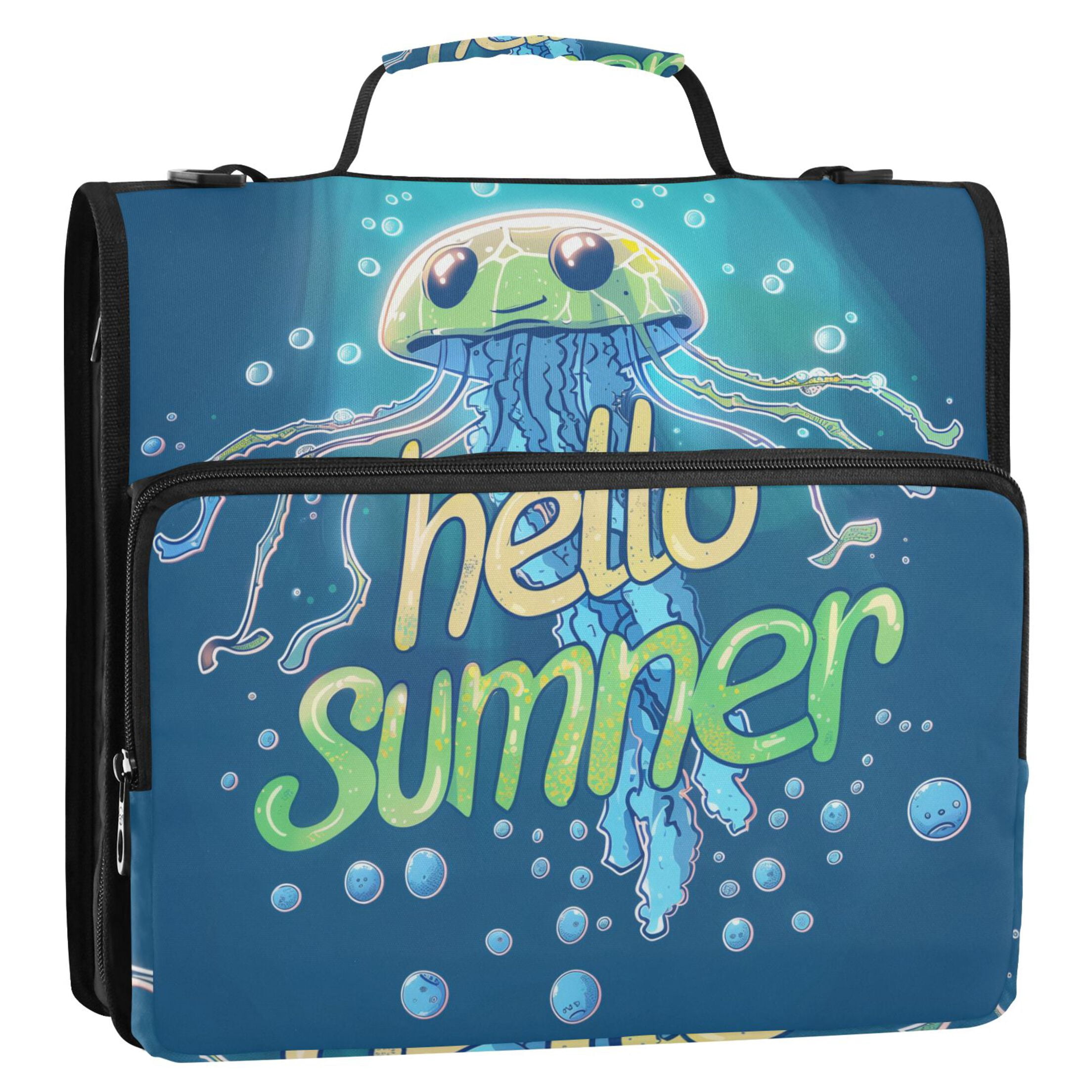 3 Ring Zipper Binder with Shoulder Strap Waterproof Trapper Keeper 2 Inch D-Ring 500 Sheets Capacity Hello Summer Jellyfish
