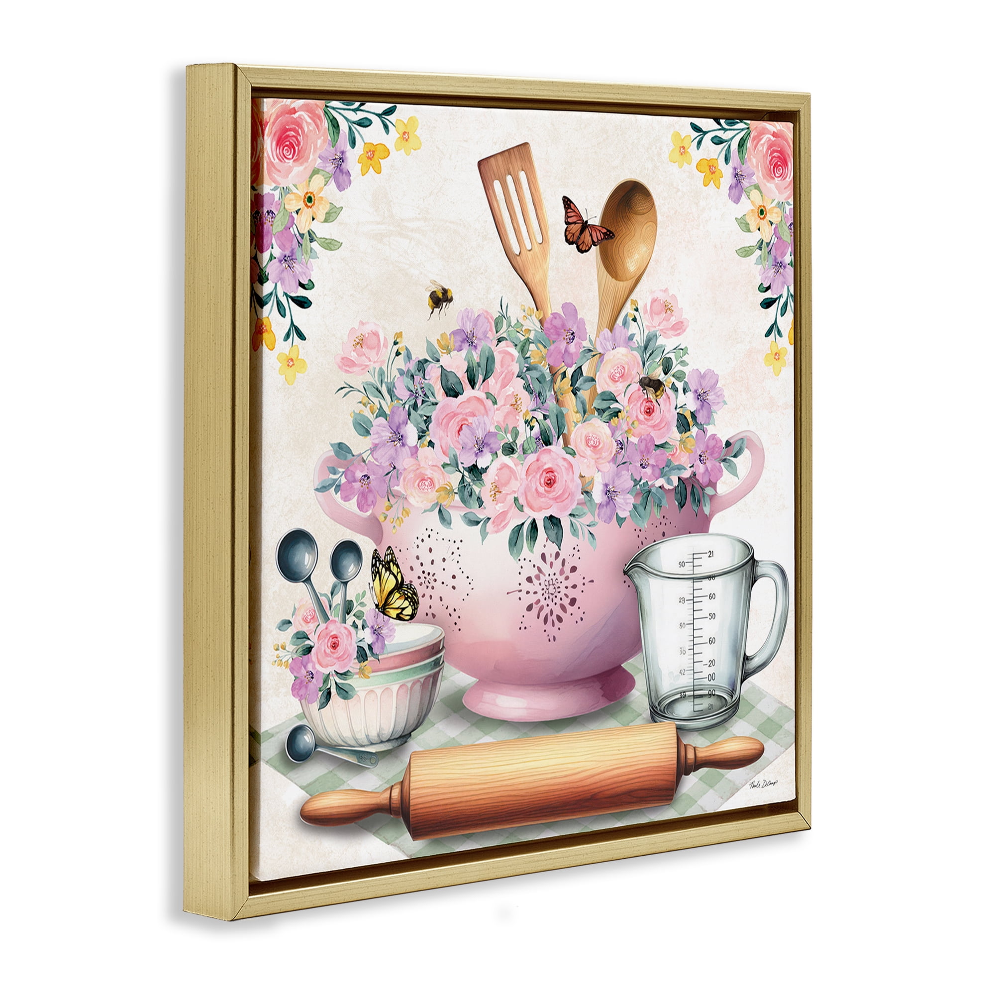 Stupell Industries Pink Florals & Utensils Food & Beverage Painting Gold Floater Framed Canvas Art Print Wall Art, 18 x 18