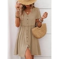 thumbnail image 4 of Women A Line Dress Bamboo Cotton V Neck Short Sleeve Summer Mid Length Loose Fit, 4 of 7