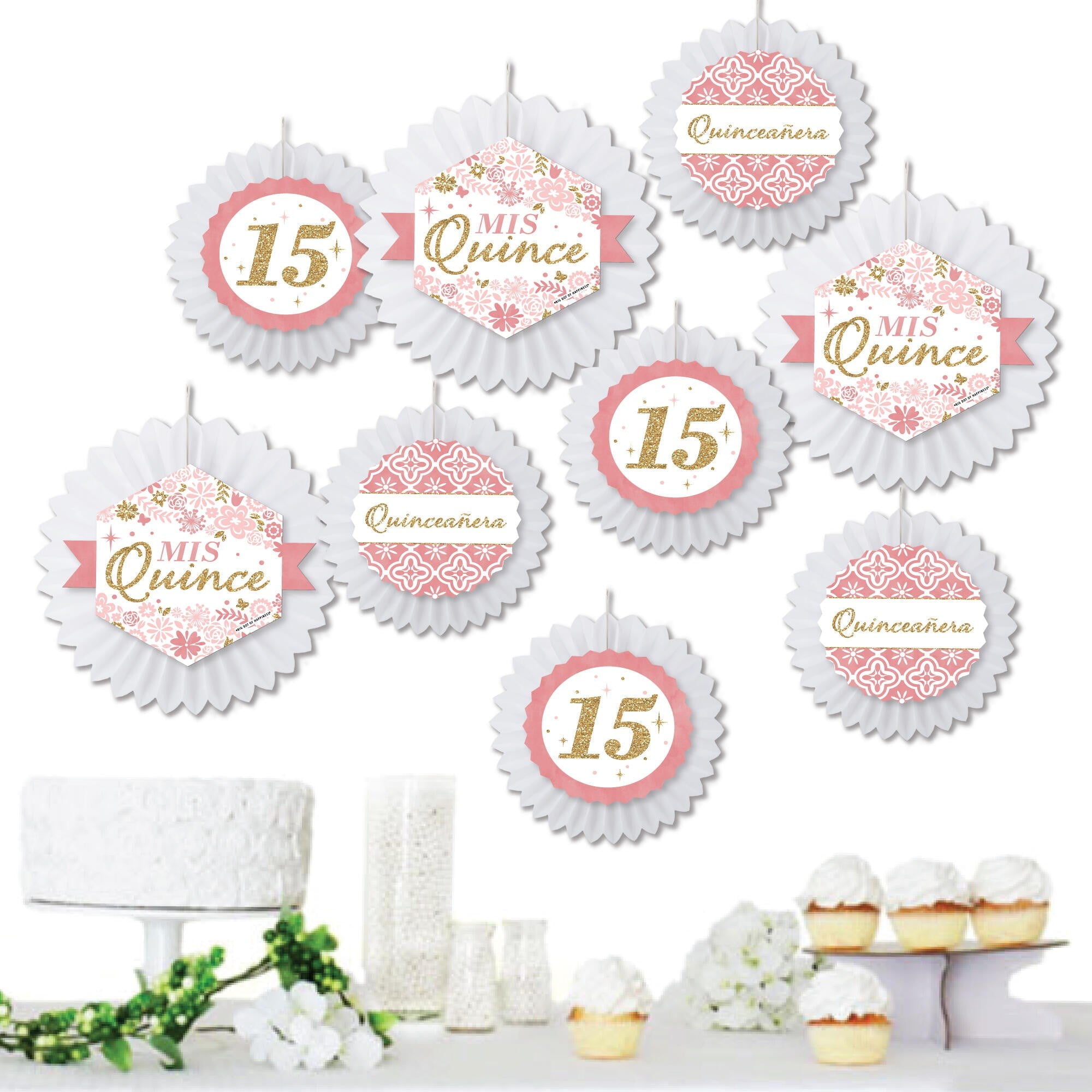 Big Dot of Happiness Mis Quince Anos - Hanging Quinceanera Sweet 15 Birthday Party Tissue Decoration Kit - Paper Fans - Set of 9