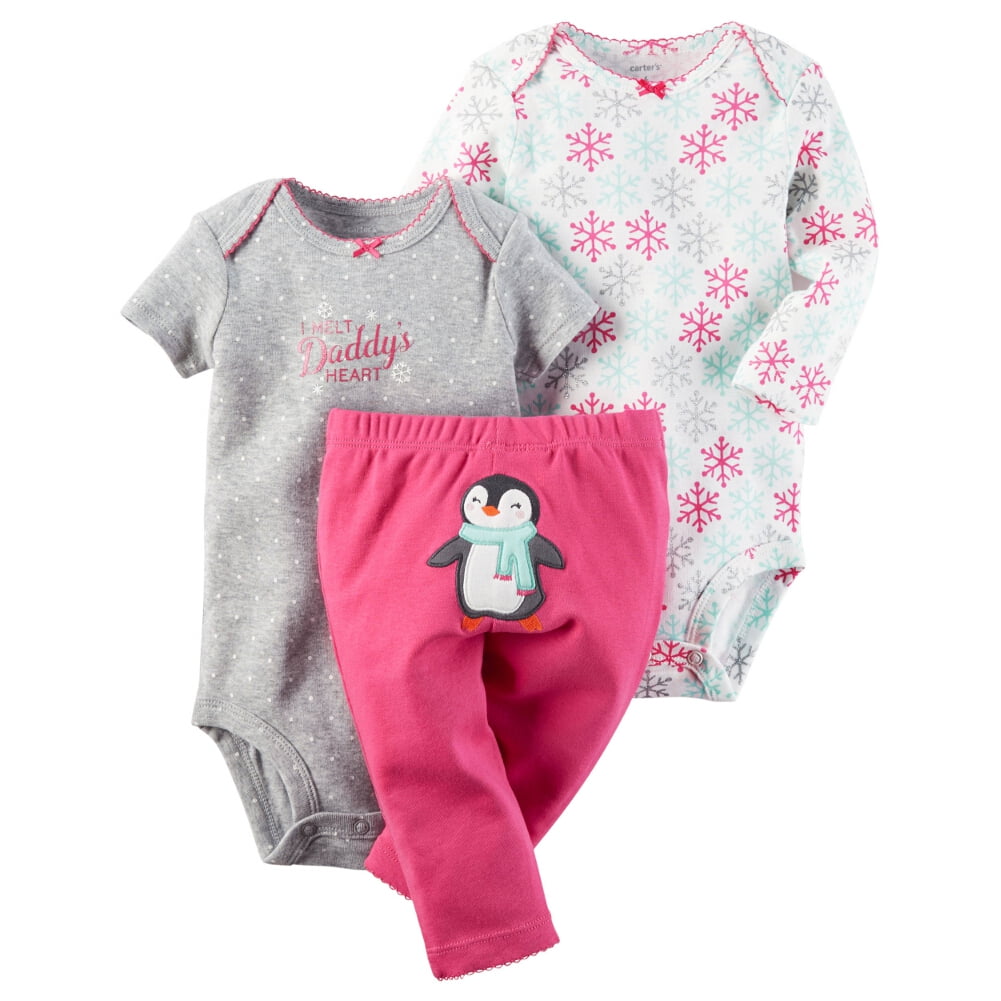 Carter's 3 Piece Set for Baby Girls Puppies Pants One-Piece Bodysuits Penguin 