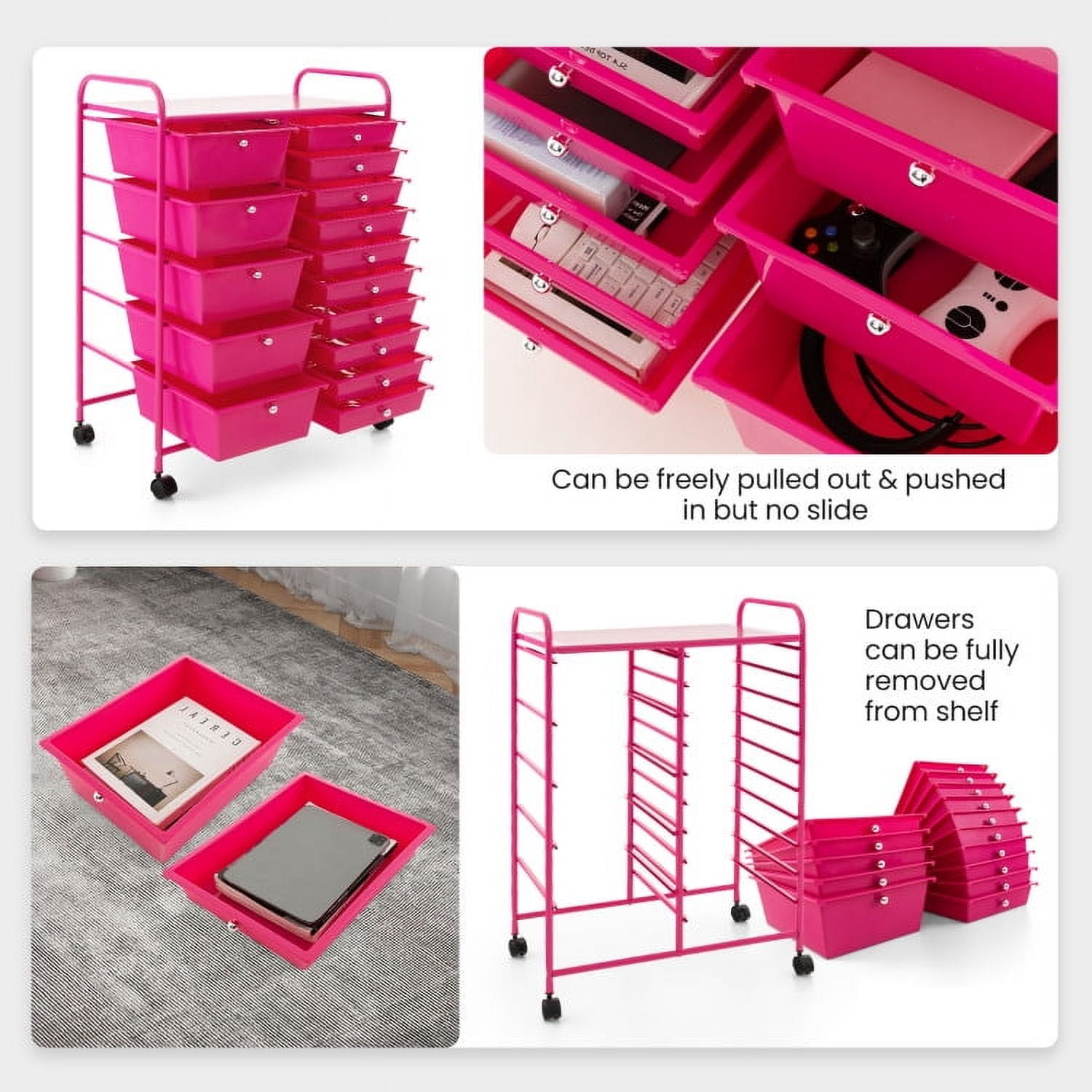 Demi Bonn 15-Drawer Utility Rolling Organizer Cart Multi-Use Storage with 4 Universal Casters, Pink