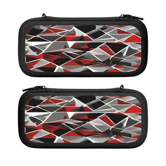 Geometric Red Black Gray Solid Abstract, Carrying Case For Nintendo Switch & OLED Version, Eva Pouch Case for Console & Accessories with 10 Game Card Slot & Wristband, Black