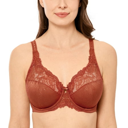 

DELIMIRA Women s Full Coverage Underwire Unlined Minimizer Lace Bra Suportive Plus Size Bras For Woman