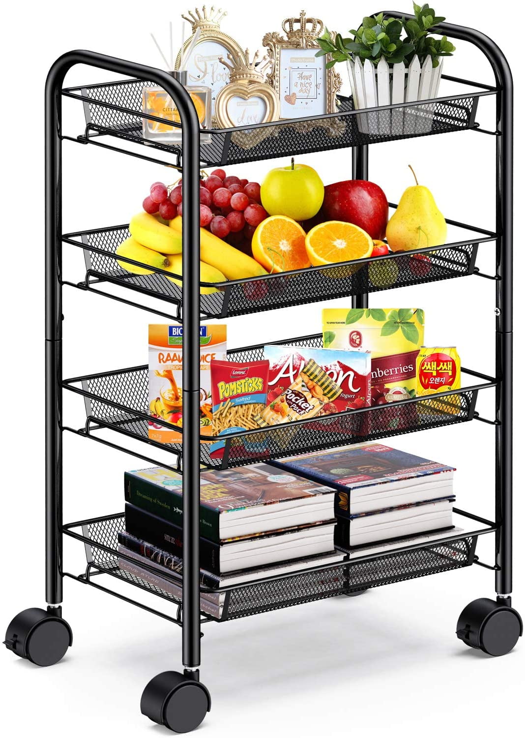Pipishell 4-Tier Mesh Wire Rolling Cart Multifunction Utility Cart Metal  Kitchen Storage Cart with 4 Wire Baskets Lockable Wheels for Home, Office,  