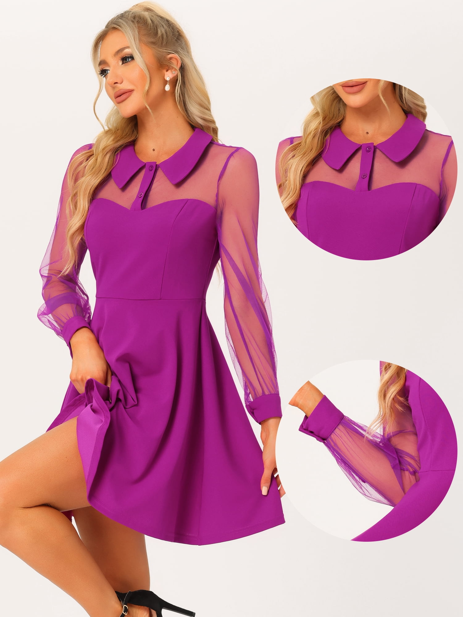 Unique Bargains Women's Retro Flat Collar Mesh Sheer Sleeve Flared Party Dress M Purple