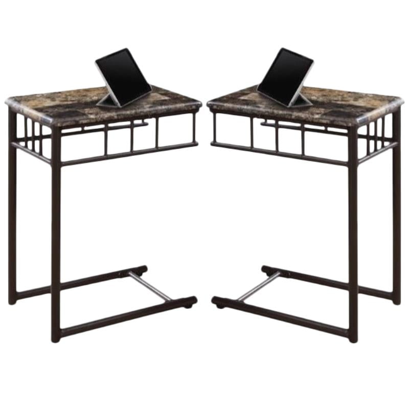 Home Square Metal Snack Table in Cappuccino Marble and Bronze Set of
