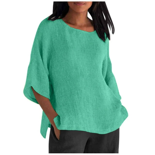 WEIYLL T-Shirt Femme Couleur Unie Col Rond Manches 3/4 Vert Clair Tailles G