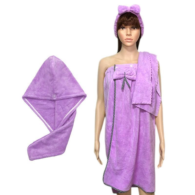 Yammee 4Pcs/Set Women Wearable Bath Wrap with Towel Headband Hair Dry Cap Bow Bathrobe