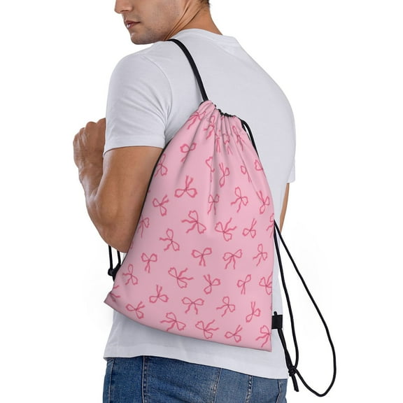 Ratiio Pink Bows Print Drawstring Backpack Bag Sport Gym Sackpack Heavy Duty String Backpack for Men Women