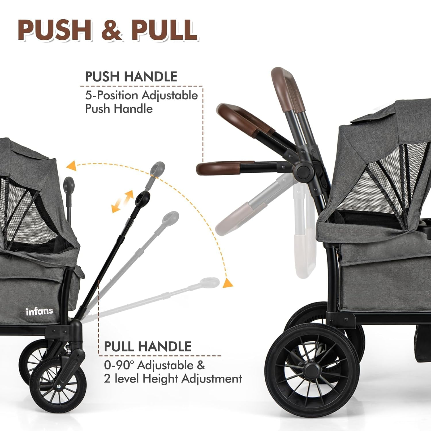 INFANS Wagon Stroller for 2 Kids, Collapsible Adjustable Push Pull Handle Bar, 2 Seater Stroller Wagon with Removable Canopy Snack Tray, Comfortable Drop-Down footwell and Upholstered Seats