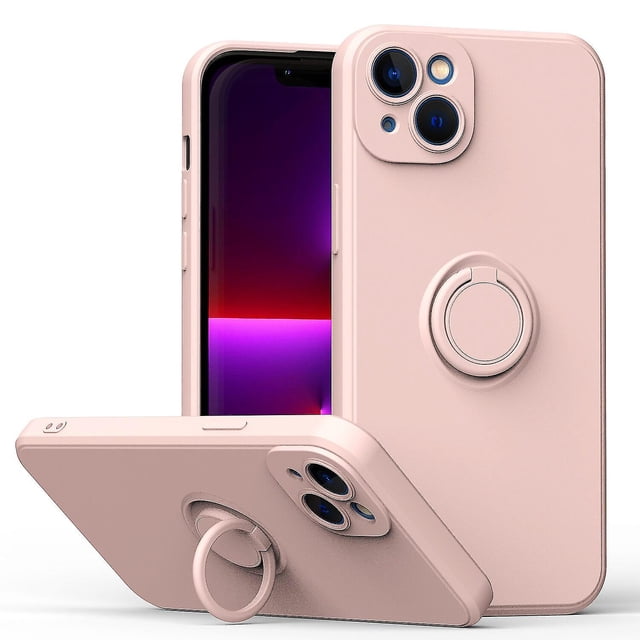 Funda de color sencillo para iPhone 14 Plus con soporte de anillo, placa metálica para carga magnética, diseño antigolpes y soporte giratorio de 360 grados.