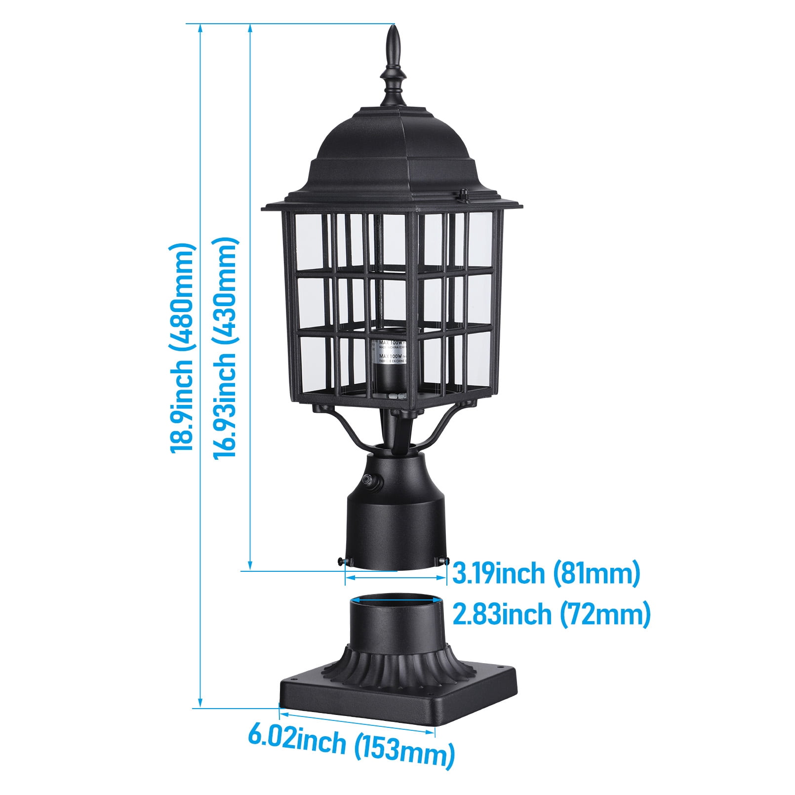2 Pack Dusk to Dawn Outdoor Post Lantern, 17 Inch Grid Pillar Light with Pier Mount Base, E26 Base, Black