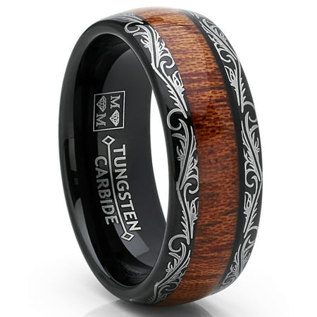 Men's Ring Wright Co. Black Tungsten Carbide Wedding Band Koa Wood Inlay floral design engagement