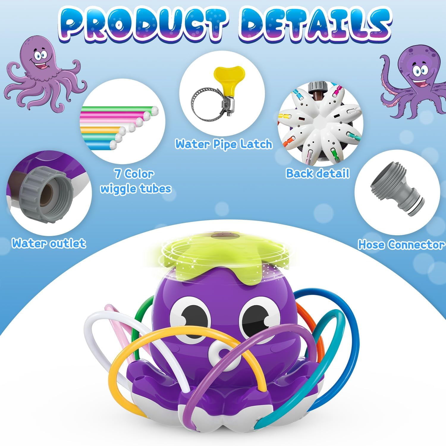 Outdoor Water Spray Sprinkler for Kids and Toddlers Summer Outside Toys Backyard Games with 8 Wiggle Tubes Attaches to Garden Hose Splashing Fun 3 4 5 6 7 Year Old Boys Girls Gifts