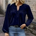 thumbnail image 2 of safuny Women's Frilled Neck Buttoned Front Velvet Top Casual V Neck Solid Color Long Sleeve Blouse Tops Blue _x XXXXL, 2 of 5