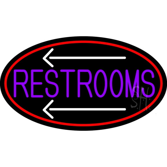 Purple Restrooms And Arrow Oval With Red Border LED Neon Sign 13 x 24 - inches, Clear Edge Cut Acrylic Backing, with Dimmer - Bright and Premium built indoor LED Neon Sign for Bar decor.
