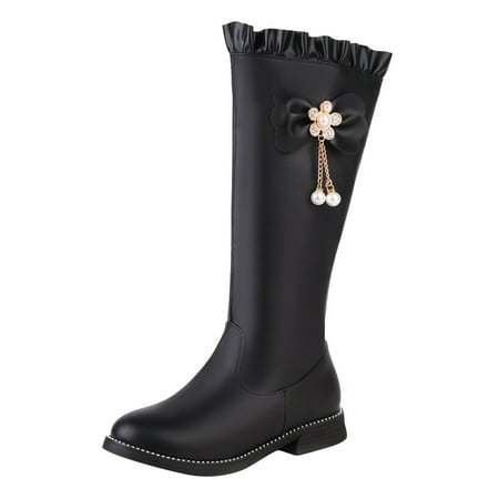 

Fsqjgq Low Heel Boots for Women Knee High Fashion Women s Shoes British Style Leather Solid Side Zipper Bow Pearl Pendant Knee High Boots Slim Leg Boots Women Black 39