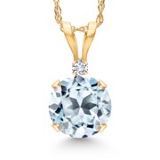 Gem Stone King 14K Yellow Gold Sky Blue Topaz and White Diamond Pendant Necklace for Women | 0.92 Cttw | Gemstone November Birthstone | Round 6MM | With 18 inch Chain