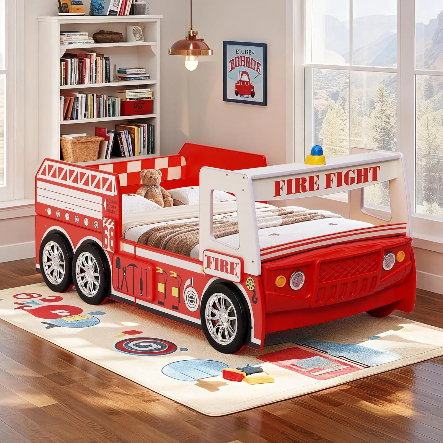 WAWOKV Twin Size Car Bed for Kids, Fire Truck-Shaped Wooden Platform Bed Frame with LED Lights, Headboard Wheels and Support Slats for Boys Toddlers Child's Bedroom (Red)